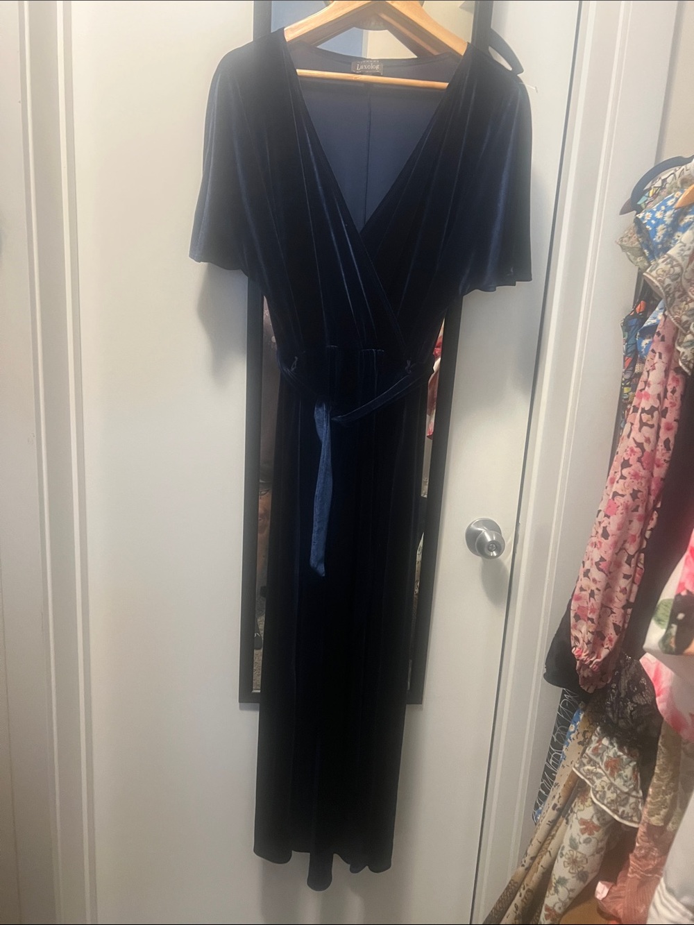 Luxology Navy Velvet Maxi Wrap Dress